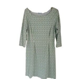 Women's J. McLauglin Boatneck Long Sleeve Dress Green White Geometric Design  Si